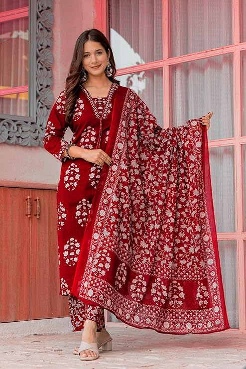 Women's Pure Cotton Printed Straight Kurta Set with Palazzo Pants & Dupatta- Ethnic Wear, Green