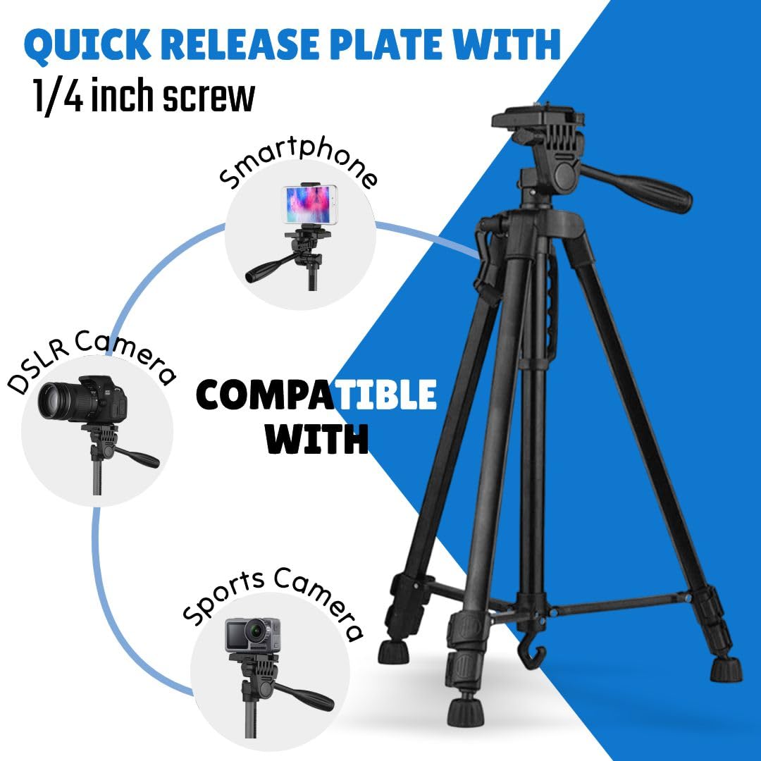 Tripod (55-Inch), Universal Lightweight Tripod with Mobile Phone Holder Mount & Carry Bag for All Smart Phones, Gopro, Cameras