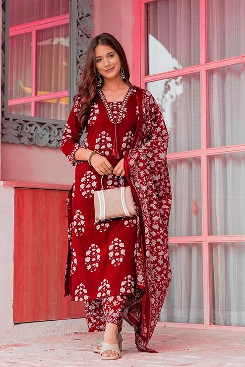 Women's Pure Cotton Printed Straight Kurta Set with Palazzo Pants & Dupatta- Ethnic Wear, Green